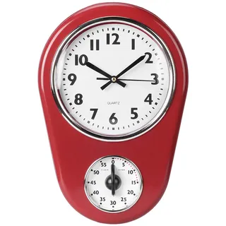Vintage Wanduhr, große Hängeuhr, Küchenuhr mit Timerfunktion - Rot