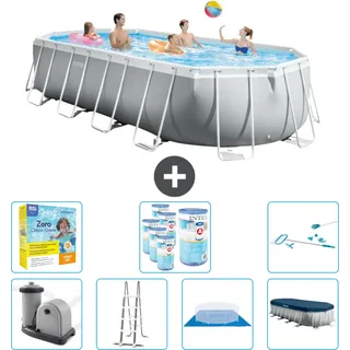 Intex Oval Prism Frame Swimmingpool – 610 x 305 x 122 cm – Grau – inklusive Pumpe – Leiter – Bodenplane – Abdeckung Wartungspaket - Filter - Reinigungskit