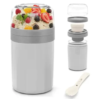 IJIAMY Müslibecher to Go, Premium Qualitat Joghurtbecher to Go Kinder mit Löffel 520ML+250ML, Auslaufsicher Müsli to go Becher mit Soßenbox, Müslischale (Grau)