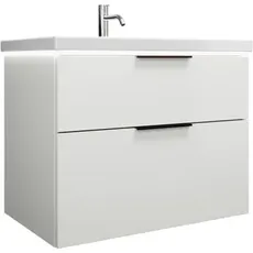 Burgbad Eqio Keramik-Waschtisch inklusive Waschtischunterschrank und LED-Waschtischunterschrankbeleuchtung, Breite 830 mm, SEZA083, Farbe (Front/Korpus): Weiß Hochglanz / Weiß Glänzend, Griff Schwarz G0200