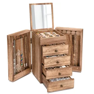 Emfogoo Schmuckkästchen, 5 Ebenen Schmuckaufbewahrung, Große Holz Schmuckkasten Organizers mit Spiegel & 4 Schubladen, Schmuckschatulle für Ringe Ohrringe Halsketten Armbänder(Rustikal Braun)