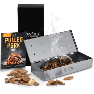 Rawford Premium Edelstahl Räucherbox – Hochwertiges Grillzubehör für intensives Raucharoma im Gasgrill & Holzkohlegrill – Inkl. GRATIS Pulled Pork Bibel eBook