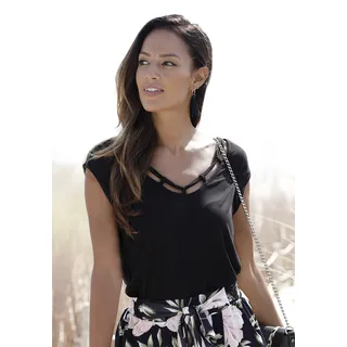 T-Shirt S.OLIVER, Damen, Gr. 32/34, schwarz, Jersey, Obermaterial: 100% Viskose, unifarben, figurumspielend hüftlang, V-Ausschnitt, Shirts T-Shirt, mit Zierbändern am Ausschnitt, Kurzarmshirt, sommerlich, Topseller