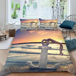 RFFLUX Bettwäsche 155x220 cm 3teilig mit Reißverschluss 3D Sonnenuntergang Strand Anker Bettwäsche Sets Warme Winter Sommer Weich und Angenehme Bettbezüge mit 2 Kissenbezug 80x80 cm für Teenager