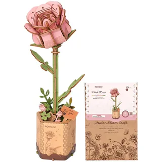 rowood 3D Puzzle Pinke Rose, DIY-Blume Aus Holz, Modellbausätze Für Künstliche Blumen Zum Zusammenbauen Für Erwachsene, Beste Heimdekoration Und Valentinstags-Spielzeug-Geschenkset