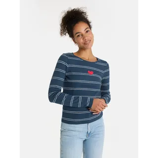 Langarmshirt LIEBLINGSSTÜCK "SinaL", Damen, Gr. XL, navy, Rippstrick, Obermaterial: 95% Baumwolle, 5% Elasthan, gemustert, gestreift, mehrfarbig, regular fit normal, Rundhals, abgesteppte Kante, Shirts Langarmshirt, mit Herzmotiv und Streifen