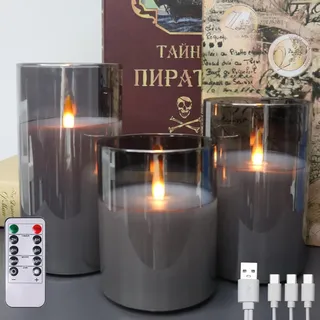 MOZC Wiederaufladbare LED Kerzen, Fernbedienbare flammenlose kerzen, Glasstumpenkerzen mit Fernbedienung und Timer-Funktion(Laufzeit 200h) (Aufladbar Grau)