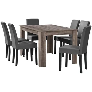 [en.casa] Esstisch Eiche antik mit 6 Stühlen dunkelgrau Kunstleder gepolstert 140x90 Essgruppe Esszimmer,