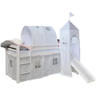 Homestyle4u Hochbett mit Vorhang 90 x 200 cm Kiefer massiv lackiert Weiß/Sterne