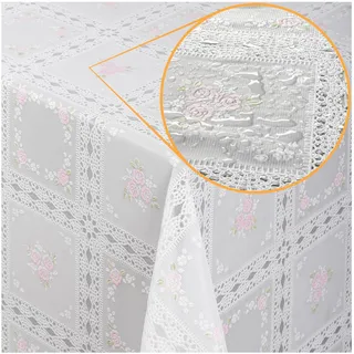 ANRO Tischdecke Lace Vinyl Wachstuch Häkel Spitze Optik Wasserfest Blumen Karo Rosa/Weiß Wachstuchtischdecke Wachstischdecke abwaschbar wasserabweisend Gartentischdecke Meterware 200x138cm