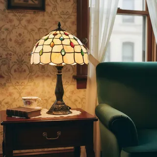 BARCELONA LED "Rafa" Tischleuchte im Tiffany-Stil Ø 30cm Lampenschirm aus Beige-Mehrfarbigem Glas. Klassisches Art Nouveau Vintage. E27 Lampe für Wohnzimmer, Schlafzimmer, Nachttisch und Büro