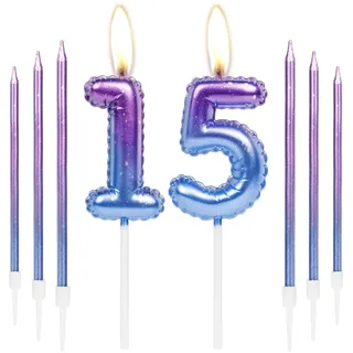 Lila blaue kerzen für 15. Geburtstag Kuchen und Party, bunte dünne Toppers für Mädchen und Jungen