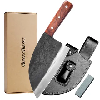 BleezeBlessz Kochmesser Hackmesser Handgeschmiedetes serbisches Küchenmesser aus Kohlenstoffstahl mit Lederscheide für Draussen-Camping-Kochen...