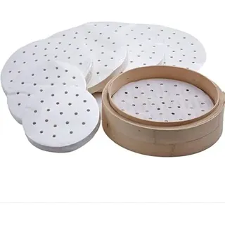 Hothotgirl Dim Sum Papier als Unterlage für Bambusdämpfer, Heißluftfritteuse, Dampfgarer Airfryer Liners, antihaftbeschichtet, rundes Backpapier Perforiertes Bambus Papier 6Zoll/15.2cm