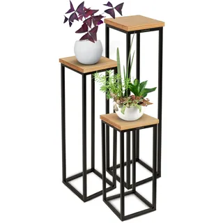 holz4home® Dekoständer aus massiv Eichenholz I Blumenständer Natur Geölt I 3 Größen im Set I Dekosäule mit Stahlrahmen I Blumentreppe aus Metall & Holz Geölt