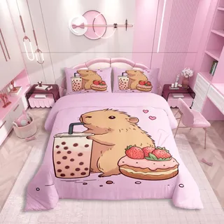 Homewish Nette Capybara Bettwäsche 135x200cm Mädchen Braun Nagetier Capybara Liebhaber Bettbezug für Kinder Prinzessin,Süße Donut Erdbeer Dessert-Milchtee Liebesherz Dekor Rosa Bettset Mikrofaser