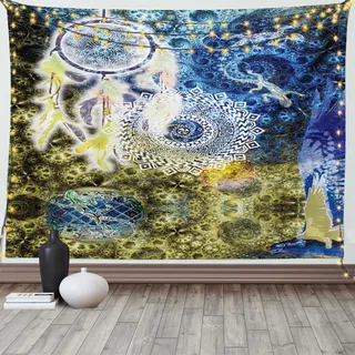 ABAKUHAUS Mandala Wandteppich, Tribal Lizards Traumfänger, Wohnzimmer Schlafzimmer Wandtuch Seidiges Satin Wandteppich, 150 x 100 cm, Blau Gelb - Blau