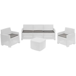 Dmora - Outdoor-Lounge-Set Alassio, Gartenkomposition mit 2 Sesseln, 1 Sofa und 1 Aufbewahrungstisch, Rattan-Effekt mit Kissen, 100% Made in Italy, Weiß