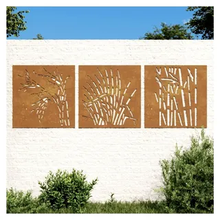 Garten Wanddeko 3-teilig, Gartendekoration mit Gras-Design, wetterfestes Wandbild aus Cortenstahl - Braun