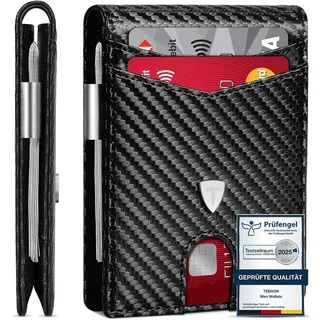 TEEHON Geldbörse Herren Slim Wallet RFID Blocking Kohlefaserleder Portmonee Herren mit 11 Kartenetui, Ausweisfenster, Geldscheinklammer, Minimalistischer Geldbeutel mit Geschenkbox - Schwarz