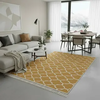 Fashion4Home Teppich Läufer - Tepiche für Wohnzimmer, Schlafzimmer, Küche, Kinderzimmer, Badezimmer - Boho Kelim - Läufer Flur, Morocco-Gold-Weiß, Größe: 140x200 cm