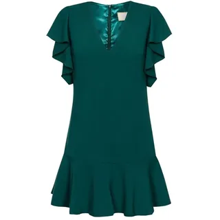 Swing Fashion Women's Megan Damen Cocktailkleid | Festliches Partykleid | Sommerkleid | Abendkleid | Rüschen Freizeitkleid | Minikleid | Elegantes Kleid | V-Ausschnitt | Kurzarm | Dunkelgrün | 36, S