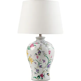 BELIANI Tischlampe Weißer Porzellansockel Leinen Trommelschirm mit floralem Patten Beleuchtung Stilvoll - Weiß, Grün, Gelb, Rosa