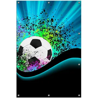 Wallario Outdoor-Poster für Garten oder Balkon, Motiv Fußball - Design Wellen und Regenbogen in blau, in ca. 100 x 150 cm - Schwarz