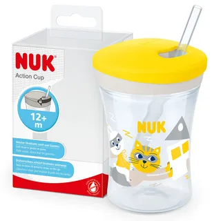NUK Action Cup Trinkbecher Kinder | 12+ Monate | 230 ml | Drehdeckel mit weichem Strohhalm | auslaufsicher | BPA-frei | gelbe Katze