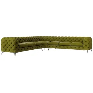 s-style möbel - Chesterfield Ecksofa Cleo mit Silber Metall Füßen aus Olive Samtstoff, B/T/H: 323 cm/ 323 cm/ 75 cm - Olive
