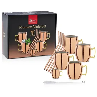 Moscow Mule Set Kupfer Optik - 4 Becher 550ml. - 1 Jigger 10-20-40-60ml. - Strohhalme 6 x 23cm - 1 Strohhalmbürste 18 x 1cm