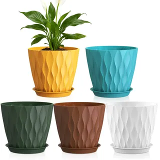 WSMKSZ 17,6 cm Blumentopf, 5er Set Dick Kunststoff Pflanztöpfe mit Untersetzer und Abflusslöchern, 3D-Wellentextur Übertopf für Bogenhanf, Grünlilie & Innen Außen Pflanzen, Bunt
