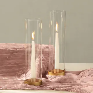 NUPTIO Kerzenständer Gold Kerzenhalter Stabkerzen: 30cm Glaszylinder für Kerzen Satz von 2 Klarglas Metall Stabkerzenhalter Groß Bodenlosen Zylinder Schatten Hochzeit Party Tisch Tafelaufsatz Dekor
