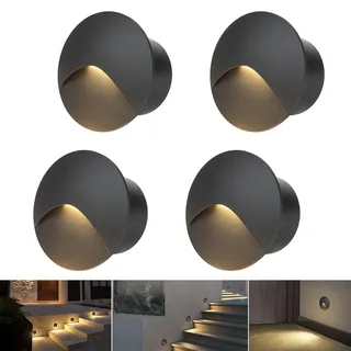 Arotelicht 4er LED Wandleuchte Warmweiß 3000K Aluminium Treppenlicht 230V Rund Einbaustrahler 3W Treppenleuchte IP44 Wasserdicht Innen Außen Schwarz Stufenlicht, mit Unterputzdose