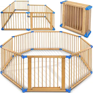 KIDUKU® 7,2 Meter Baby Laufgitter XXL klappbar inkl. Tür & Doppelsicherung | Sicherer & stabiler Laufstall | Absperrgitter für Kinder inkl. 8 Elementen | Holz Krabbelgitter faltbar individuell formbar