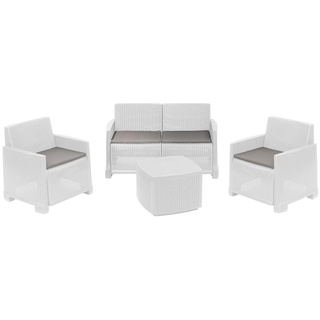 Dmora - Outdoor-Lounge-Set Peschici, Gartenkomposition mit 2 Sesseln, 1 Sofa und 1 Aufbewahrungstisch, Rattan-Effekt mit Kissen, 100% Made in Italy, Weiß