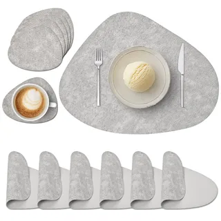 Tischsets Abwaschbar und Untersetzer, Platzset Leder Rund rutschfest Platzdeckchen wasserdicht Hitzebeständig Doppelseitigen Platzset Lederoptik (6er Set, Hellgrau)