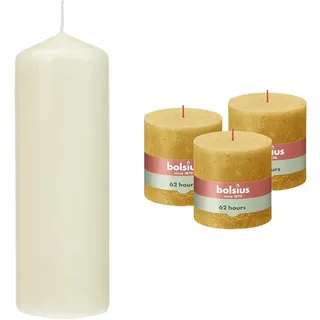 Bundle of Bolsius - Stumpenkerzen - Elfenbein - 20 cm - Brenndauer 75 Stunden - 8 Stück + Bolsius Rustik Stumpenkerze XXL - Ockergelb - 3 Stück - 10 x 10 cm - Länge Brenndauer 62 Stunden