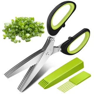 Senbos Kräuterscheren, Edelstahl Küchenschere 5 Klingen | Gewürzschere Schnittlauchschere mit Reinigung Kamm und Abdeckung, Küchen-Gemüseschere für Kräuter, Petersilie, Rosmarin