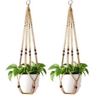 Mkouo 2er Set Makramee Blumenampel Pflanzenhänger Indoor hängenden Pflanzkorb Blumentopfhalter Jute-Seil with Beads No Tassels, 89cm