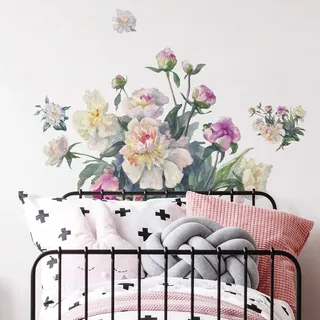 RoomMates Wandaufkleber, Motiv Blumenstrauß, zum Abziehen und Aufkleben, groß, Rosa, Grün, Violett und Weiß