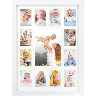FramePro Bilderrahmen für das erste Jahr des Babys, in weißem Rahmen mit Passepartout, zeigt ein 12 x 17 cm großes Foto und zwölf 6 x 8 cm große Bilder