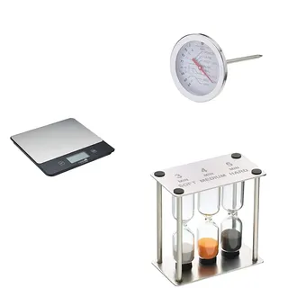 MasterClass Digitaler Küchenwaage für Trocken und Flüssigprodukte,5 kg / 5 L Kapazität, Silber/Schwarz + MasterClass Fleischthermometer, 150°F bis 190°F Bereich + MasterClass Sanduhr Triple Sand Timer