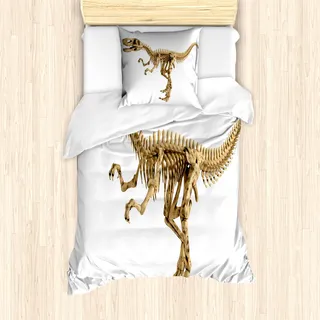 ABAKUHAUS Dinosaurier Mantele, Fossil Dino-Skelett, Milbensicher Allergiker geeignet mit Kissenbezügen, 135 cm x 200 cm - 80 x 80 cm, Pale Brown White