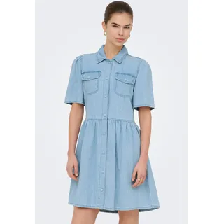 Jeanskleid ONLY "ONLEVELINE SS DNM DRESS AKM", Damen, Gr. L, N-Gr, blau (light blau denim), Denim/Jeans, Obermaterial: 100% Baumwolle, unifarben, kurz, Rundhals, Kleider Jeanskleid, Baumwolle