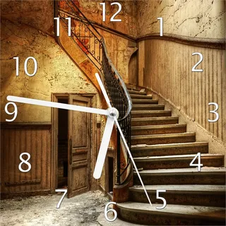 Wallario Design Wanduhr Rustikale Holztreppe aus Echtglas, Größe 20 x 20 cm - Schwarz