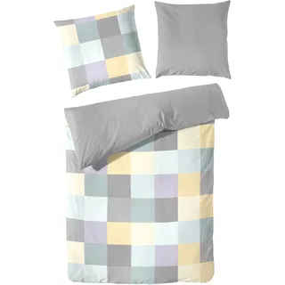 Primera Pixelkaro Flanell Grau/Gelb 155 x 220 cm + 80 x 80 cm