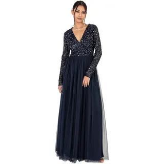 Maya Deluxe Damen Ladies Maxi Dress For Women With Long Sleeves V Neckline Plunging Sequin Embellished For Wedding Gue Kleid, Navy, 54 EU