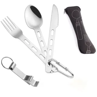 IUSOT 5 in 1 Besteck Set Edelstahl – Camping Besteck, Vielseitiges Besteck für Unterwegs, Essbesteck Mit Messer, Gabel, Löffel, Tragbare Tasche, Inklusive Karabiner und Flaschenöffner