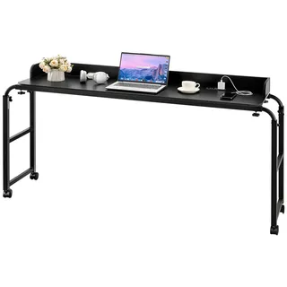 Vevor Überbetttisch mobiler Betttisch mit 4 Rollen (2 mit Bremsen) und Steckdose, höhenverstellbarer Laptop-Rolltisch, Tragbarer Spanplatten-Überbetttisch für Zuhause Büro, Arbeitszimmer, Schwarz